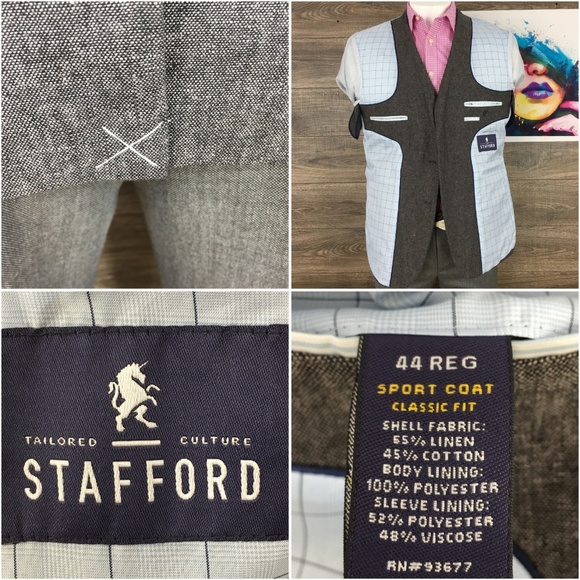 New Stafford Mens Linen/Cotton Blazer Gray 44R - Picture 6 of 8